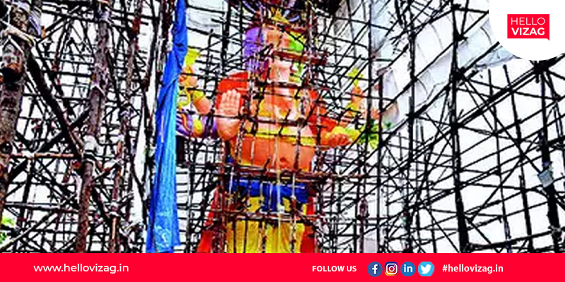 An 89-ft Ganesh idol is being installed at Lanka Grounds in Gajuwaka